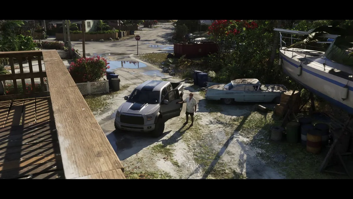 Scene from the second GTA 6 trailer showing Vice City at night